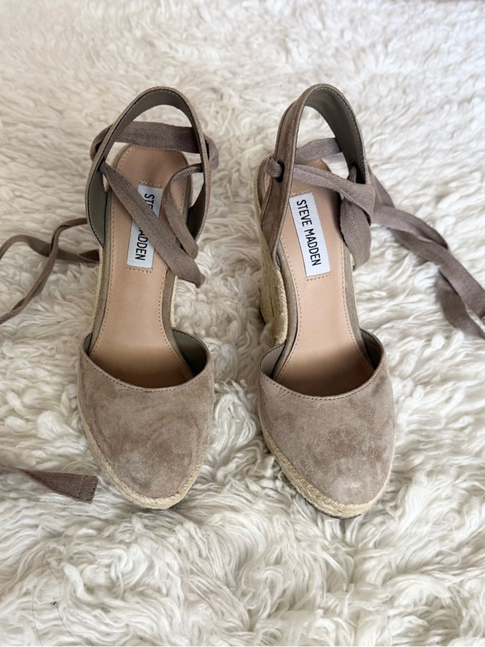 Steve Madden: Taupe Suede Espadrille Wedges with Ankle Wrap - Size 5.5